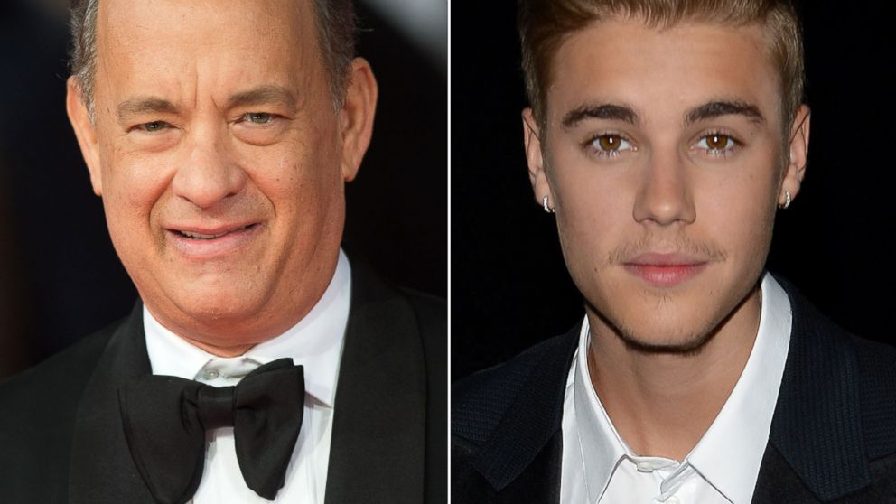 Left, Tom Hanks attends the EE British Academy Film Awards 2014 at The Royal Opera House in this Feb.16, 2014, file photo in London, England; right, Justin Bieber attends the Amber Lounge 2014 Gala at Le Meridien Beach Plaza Hotel on May 23, 2014 in Monte-Carlo, Monaco.  