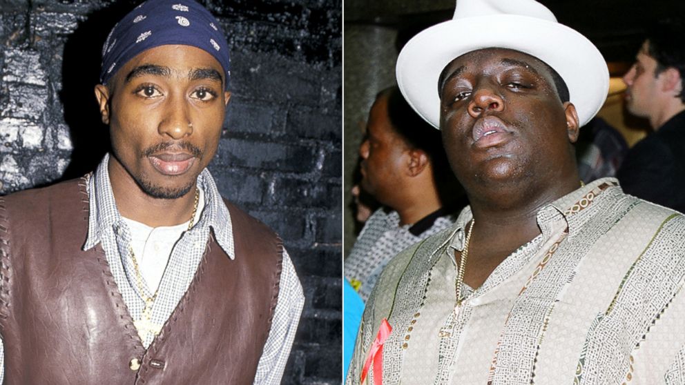PHOTO: Tupac Shakur, left, is pictured at Club USA in New York City on April 2, 1994. Notorious B.I.G., right, is pictured in New York City on Sept. 7, 1995. 