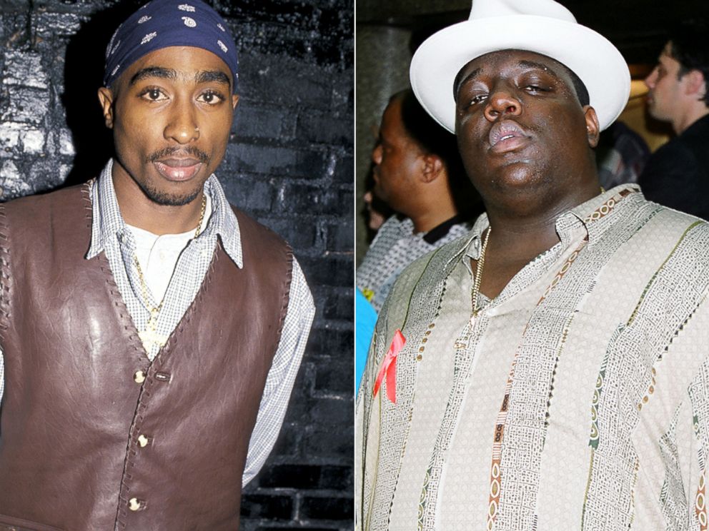 PHOTO: Tupac Shakur, left, is pictured at Club USA in New York City on April 2, 1994. Notorious B.I.G., right, is pictured in New York City on Sept. 7, 1995. 