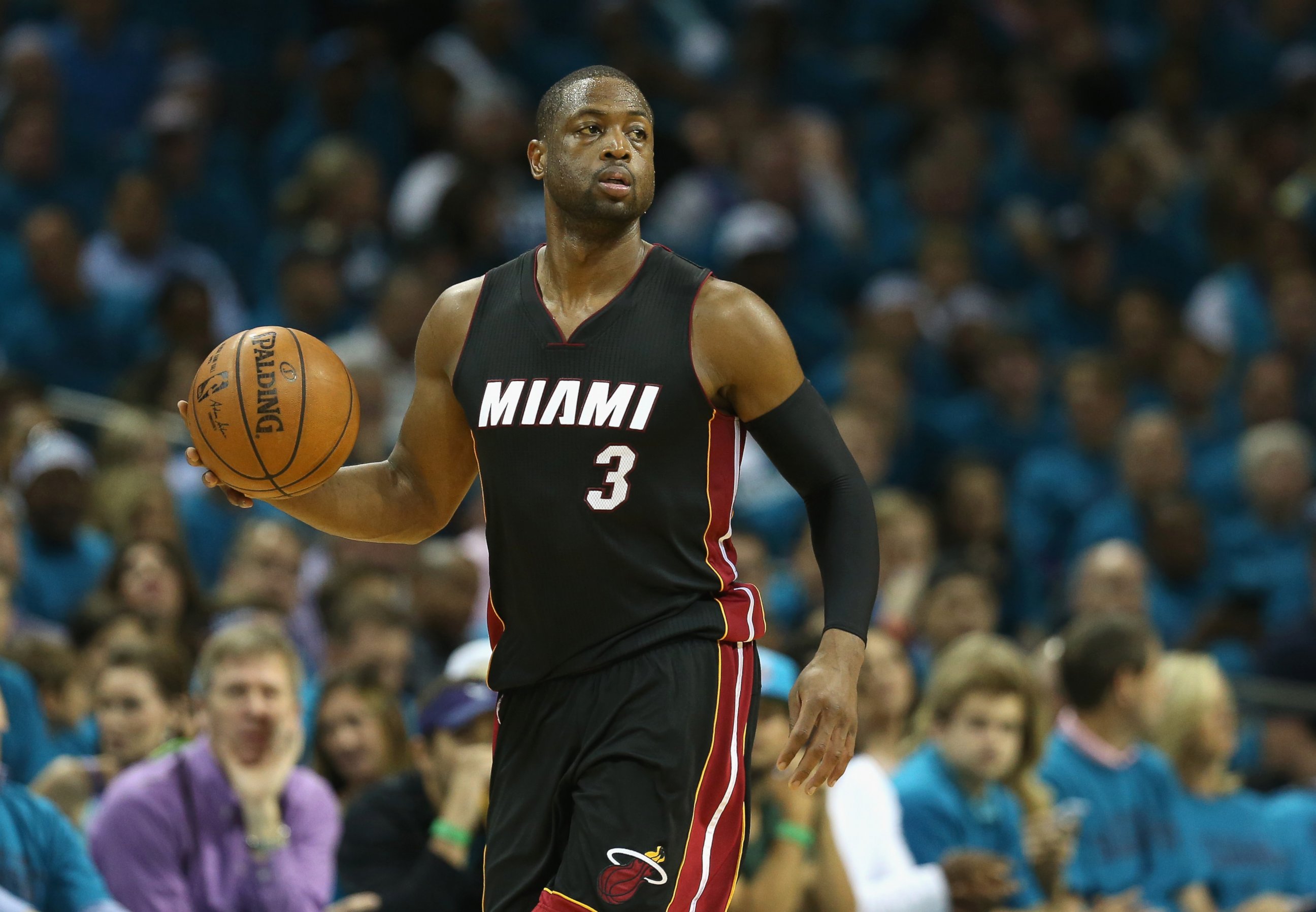 PHOTO: Dwyane Wade #3 of the Miami Heat brings the ball up the court against the Charlotte Hornets during game six of the Eastern Conference Quarterfinals of the 2016 NBA Playoffs on April 29, 2016 in Charlotte, N.C. 