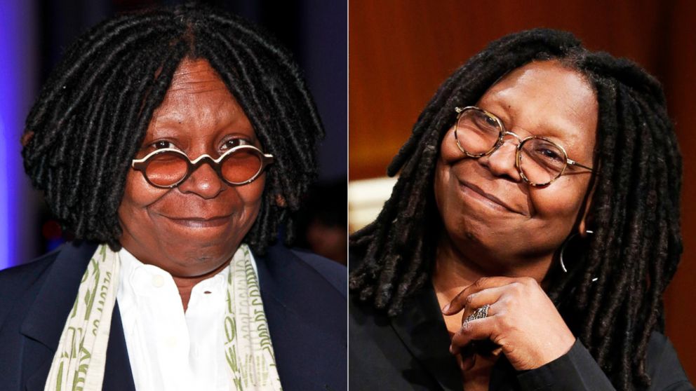 Whoopi Goldberg, left, attends DIFFA Presents a Tribute to David Rockwell at The IAC Building in this Nov. 9, 2011, file photo; right, Goldberg during an interview April 3, 2014. 