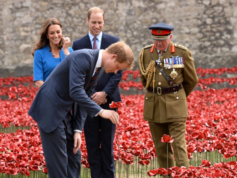 PHOTO: Prince Harry, Catherine, Duchess of Cambridge and Prince William, Duke of Cambridge visit the Tower of London's 'Blood Swept Lands and Seas of Red' poppy installation in London, England, Aug. 5, 2014. 