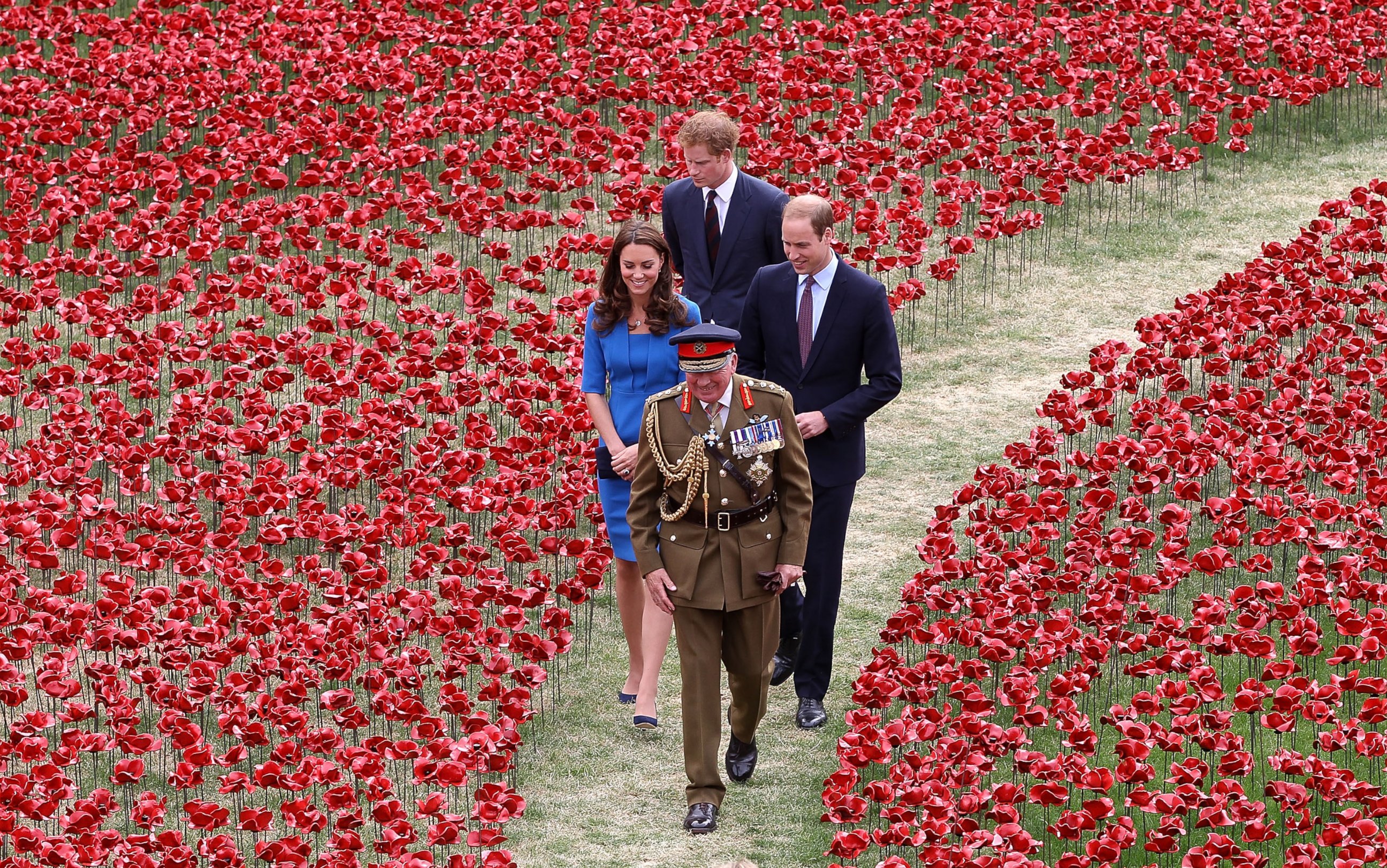 PHOTO: General The Lord Dannatt gives Prince Harry, Catherine, Duchess of Cambridge and Prince William, Duke of Cambridge a tour as they attend the ceramic poppy field of remembrance at Tower of London in London, England, August 5, 2014.