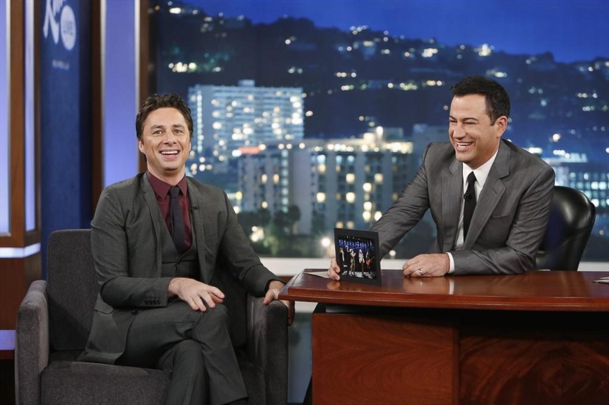 PHOTO: Actor Zach Braff is seen with Jimmy Kimmel on the set of "Jimmy Kimmel Live" on June 23, 2014.
