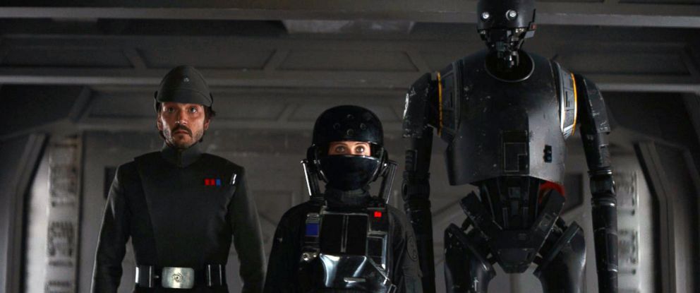 PHOTO: Felicity Jones, Diego Luna, and Alan Tudyk in the movie "Rogue One: A Star Wars Story," 2016.