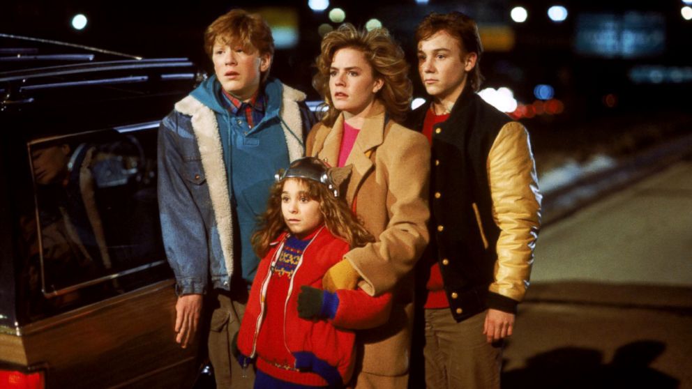 PHOTO: Anthony Rapp, left, as Daryl, Elisabeth Shue, as Chris, Keith Coogan, as Brad, and Maia Brewton, front center, as Sara, in a scene from "Adventures in Babysitting."