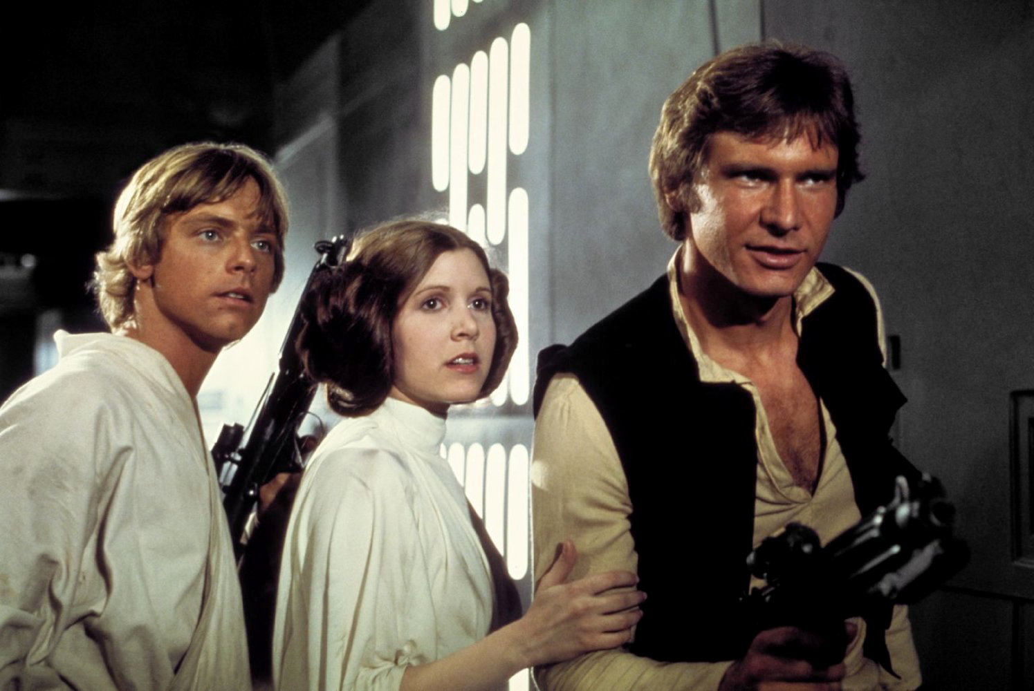PHOTO: Mark Hamill, Carrie Fisher and Harrison Ford appear in a scene from the 1977 film, "Star Wars: A New Hope."