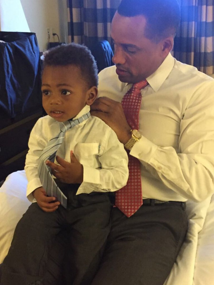 PHOTO: Hill Harper and his son wear matching shirts to celebrate the day the adoption was finalized.