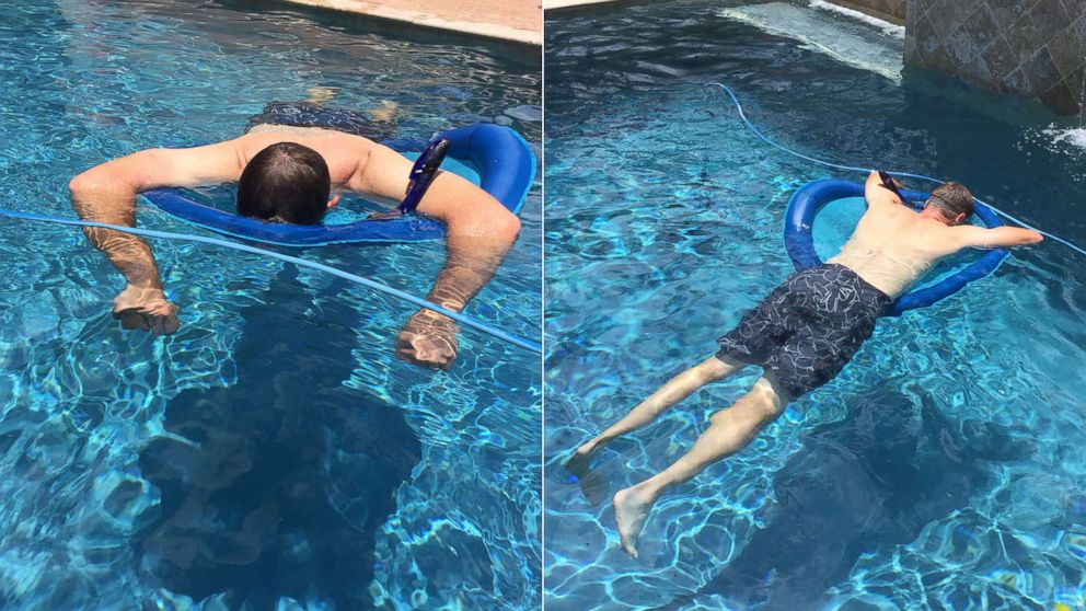 Skyler Nitschke took now viral photos of her dad Dan asleep face down in the pool thanks to his genius hack.