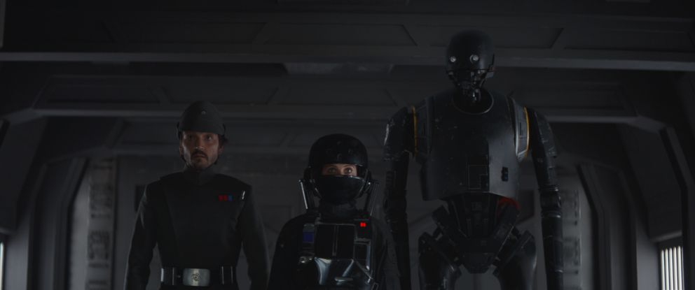 PHOTO: From left, Diego Luna, Felicity Jones and K-2SO, voiced by Alan Tudyk, are seen in "Rogue One: A Star Wars Story."