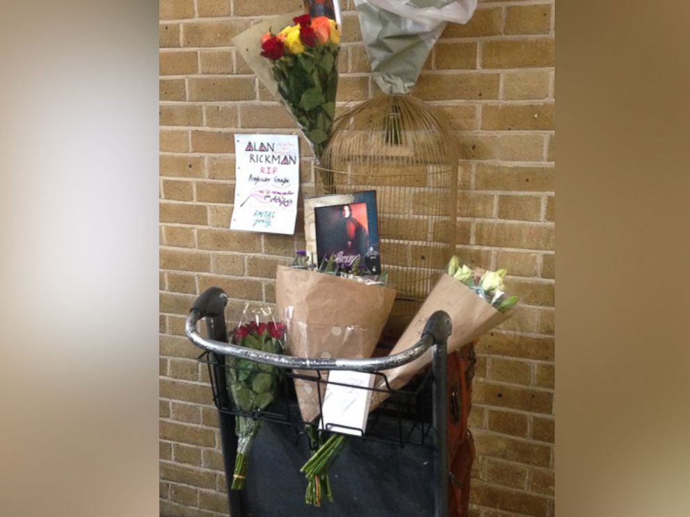 PHOTO: "Harry Potter" fans pay tribute to actor Alan Rickman at the Platform 9 3/4 in Kings Cross Station in London. 