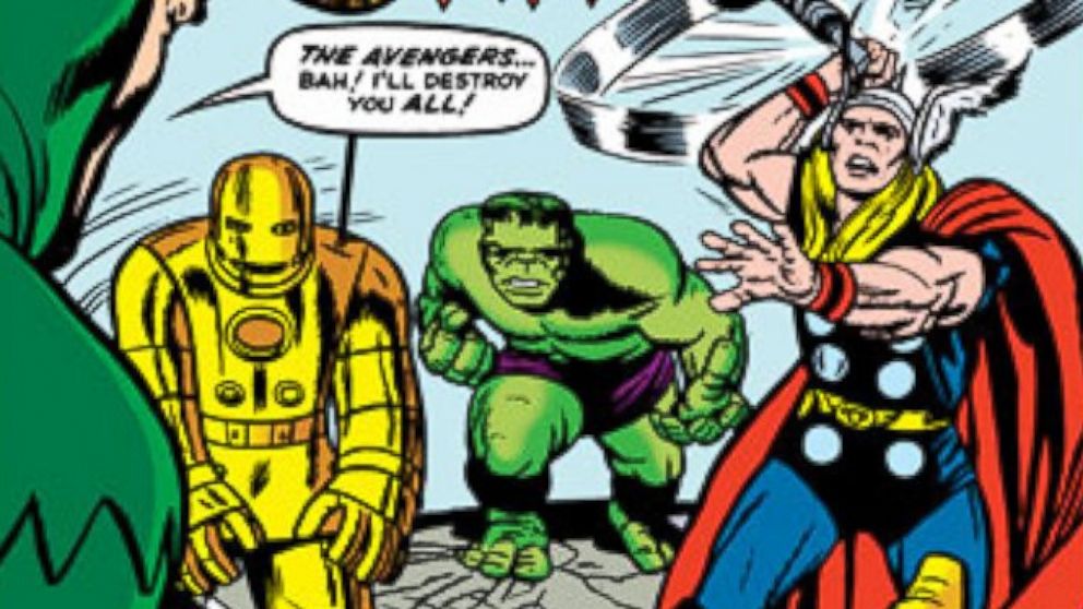 Comic book hero's on the cover of "The Avengers" from Marvel Comics.