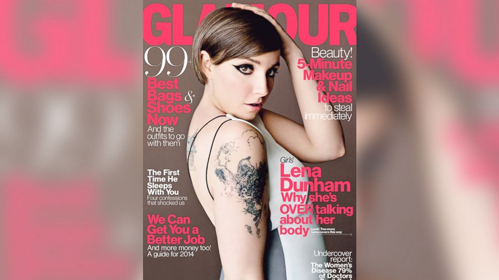 Lena Dunham appears on the cover of the April 2014 issue of Glamour. 