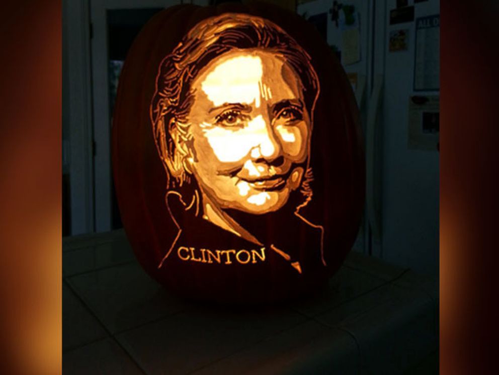 PHOTO: Award-winning artist Alex Wer, also known as "The Pumpkin Geek," carved a pumpkin portrait of presidential candidates Hillary Clinton.