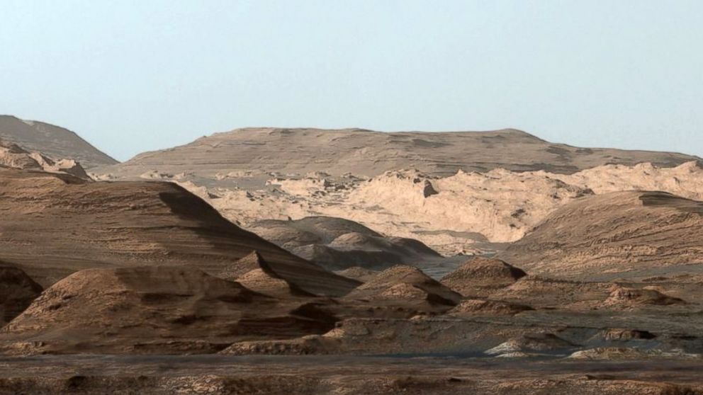 PHOTO: This composite image looking toward the higher regions of Mount Sharp on Mars, was taken on Sept. 9, 2015, by NASA's Curiosity rover. 