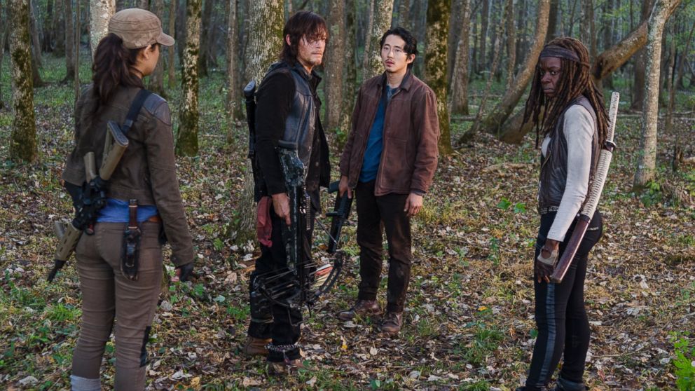 Steven Yeun as Glenn Rhee, Norman Reedus as Daryl Dixon, Danai Gurira as Michonne and Sonequa Martin-Green as Sasha in the series "The Walking Dead," in Season 6, Episode 15.