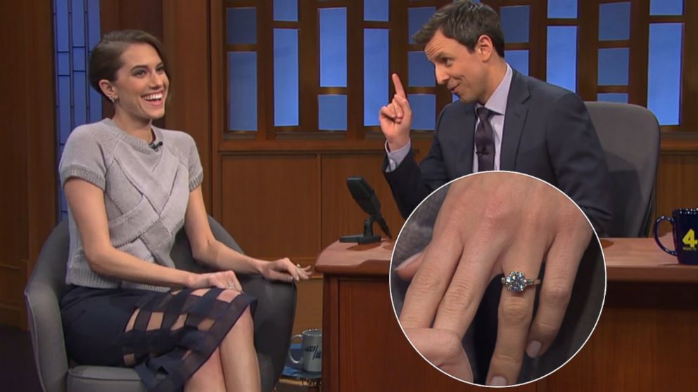 Allison Williams talks to Seth Myers about her engagement on Late Night with Seth Meyers, March 4, 2014.