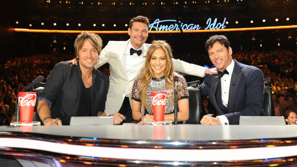 Keith Urban, Ryan Seacrest, Jennifer Lopez, and Harry Conicck, Jr, on "American Idol" season 13 at the Nokia Theater L.A. Live.