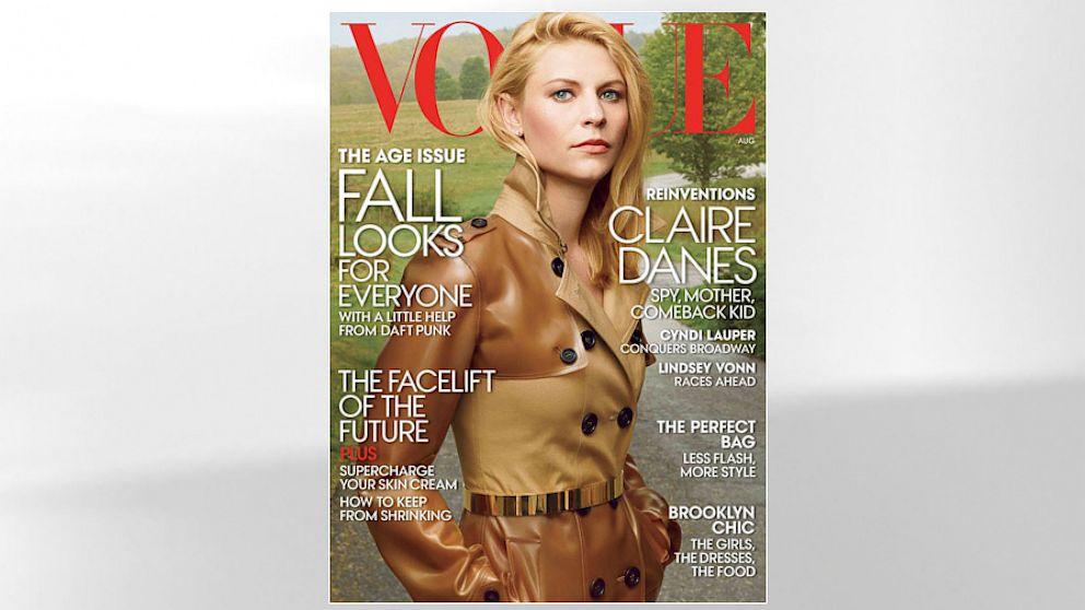 Claire Danes appears on the cover of Vogue magazine's 2013 August issue. 