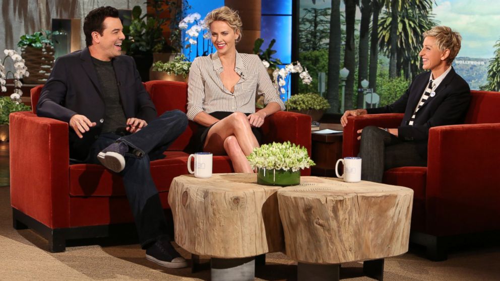 Charlize Theron and Seth McFarlane make an appearance on "The Ellen DeGeneres Show," May 21, 2014. 