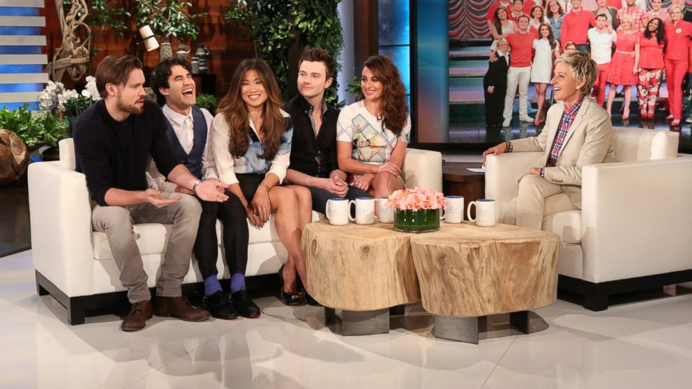 The cast of "Glee" Lea Michele, Chris Colfer, Jenna Ushkowitz, Chord Overstreet, and Darren Criss make an appearance on "The Ellen DeGeneres Show," March 11, 2015.