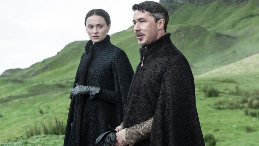 Sophie Turner as Sansa Stark, left, and Aidan Gillen as Petyr Baelish in a scene from season five of "Game of Thrones."