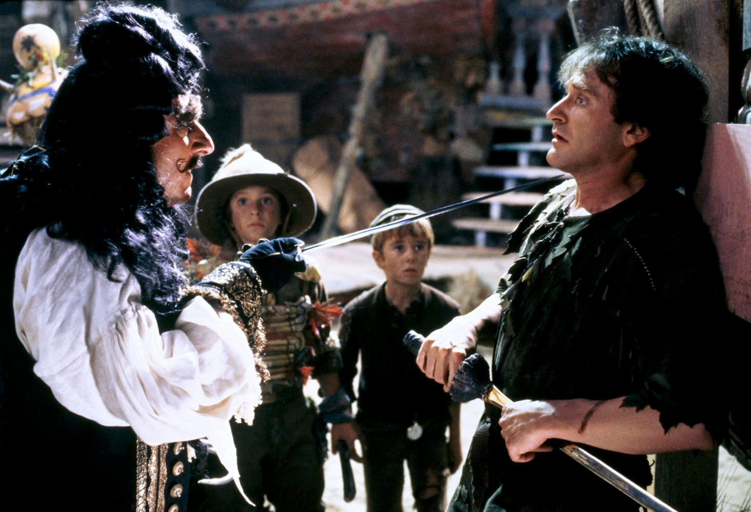 PHOTO: Dustin Hoffman, left, as Captain Hook, and Robin Williams, as Peter Pan, in a scene from "Hook."