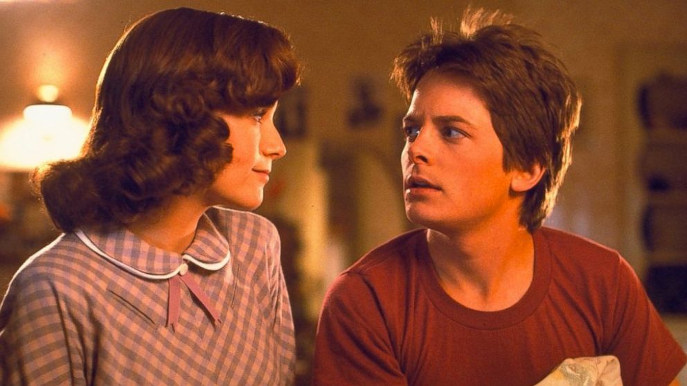 Michael J. Fox and Lea Thompson are seen in Back to the Future in 1985.