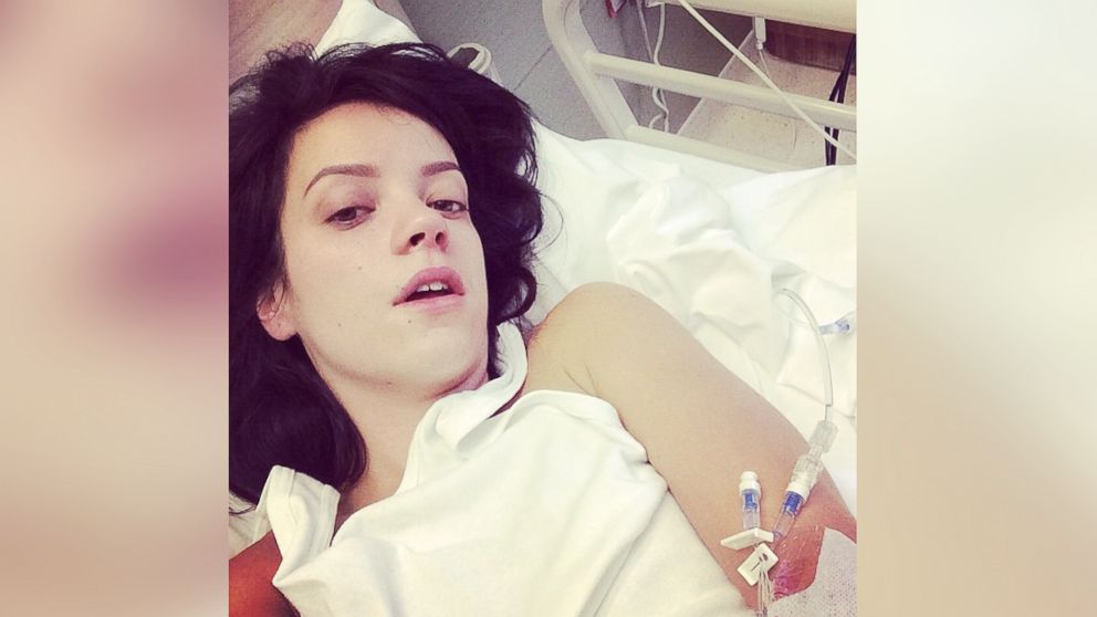 Lilly Allen posted this picture of herself in a hospital bed to Instagram, May 8, 2014.