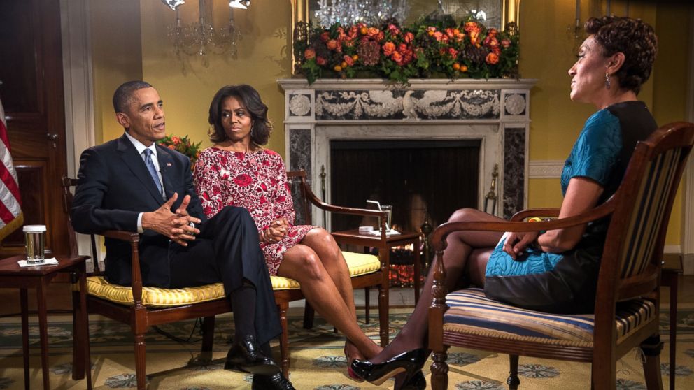 President Barack Obama and First Lady Michelle Obama participate in a joint interview with Robin Roberts in the Old Family Dining Room of the White House, Nov 19, 2014. 