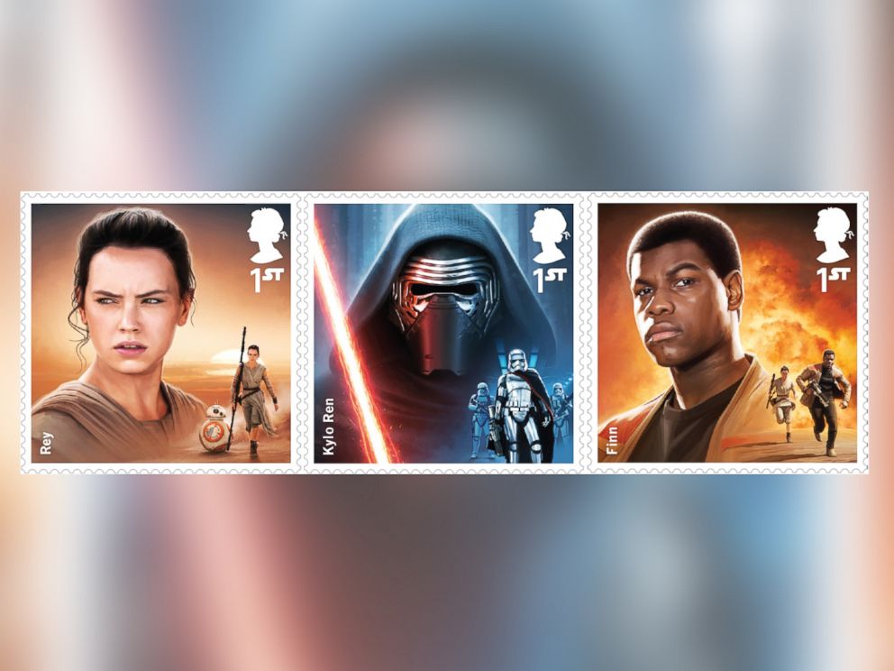 PHOTO: Royal Mail announced on Sept. 12, 2015 it will publish a set of 18 Special Stamps to celebrate the 'Star Wars' series of films and mark the release of the forthcoming episode, 'Star Wars: The Force Awakens.' Pictured are Rey, Kylo Ren and Finn.