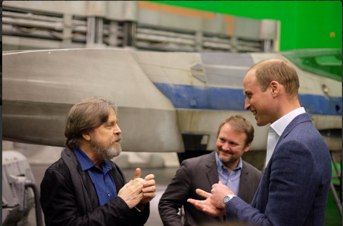 PHOTO:Prince William, Duke of Cambridge, meets Mark Hamill and Director Rian Johnson on his visit to the "Star Wars" set and costume department at Pinewood Studios in Iver, Buckinghamshire, April 19, 2016.