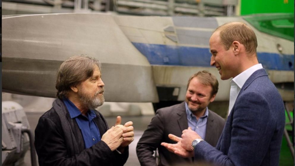 PHOTO:Prince William, Duke of Cambridge, meets Mark Hamill and Director Rian Johnson on his visit to the "Star Wars" set and costume department at Pinewood Studios in Iver, Buckinghamshire, April 19, 2016.