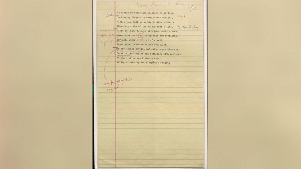 PHOTO: One of Oscar Hammerstein's notes as he was writing the song, "My Favorite Things," for "The Sound of Music."