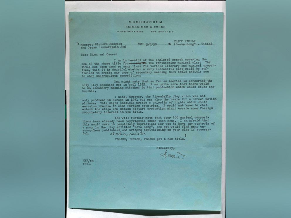 PHOTO: A telegram from a lawyer for Rodgers and Hammerstein asking them to change the title "Love Song."