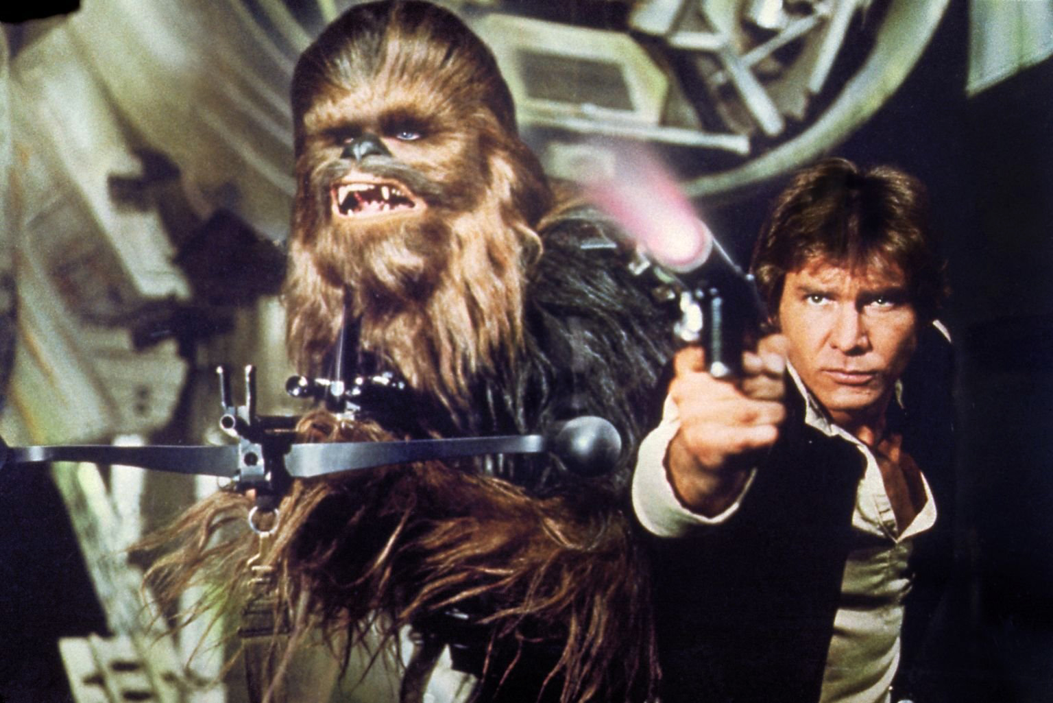 PHOTO: Peter Mayhew, left, as Chewbacca and Harrison Ford as Han Solo in a scene from "Star Wars: Episode IV: A New Hope."