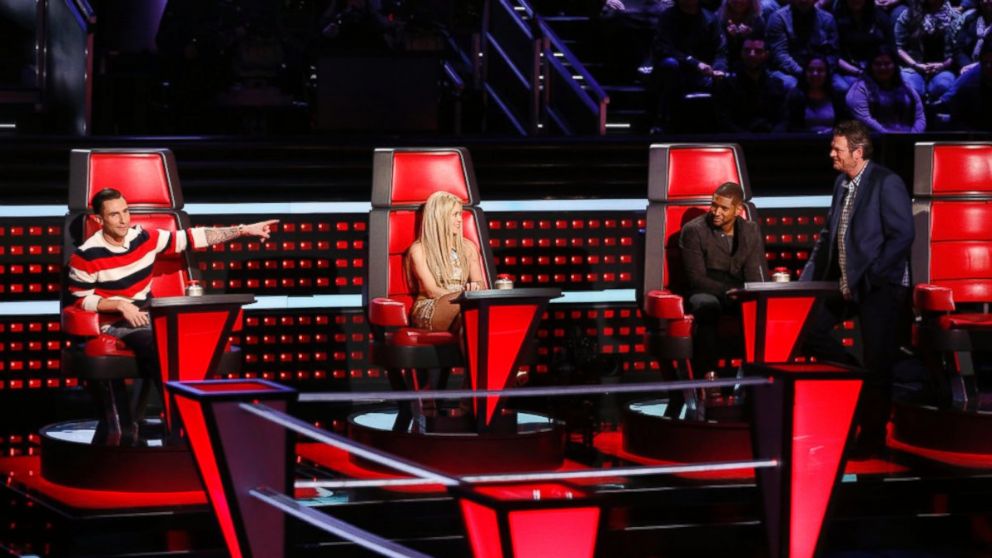From left, judges Adam Levine, Shakira, Usher and Blake Shelton on The Voice, March 18, 2014.