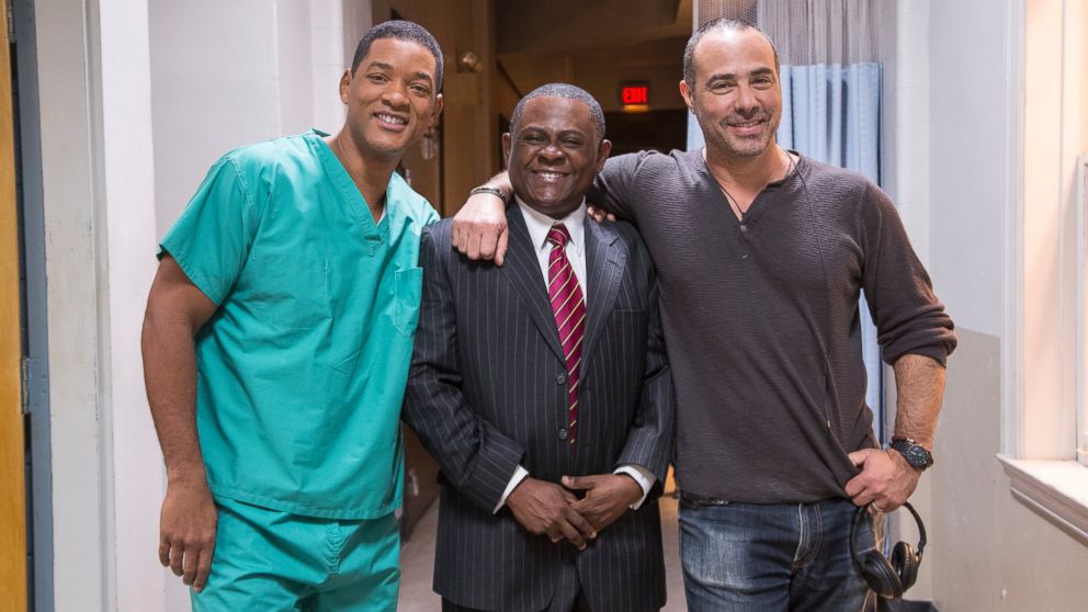 PHOTO: Will Smith, the real Bennet Omalu, and director Peter Landesman on the set of Columbia Pictures' "Concussion."