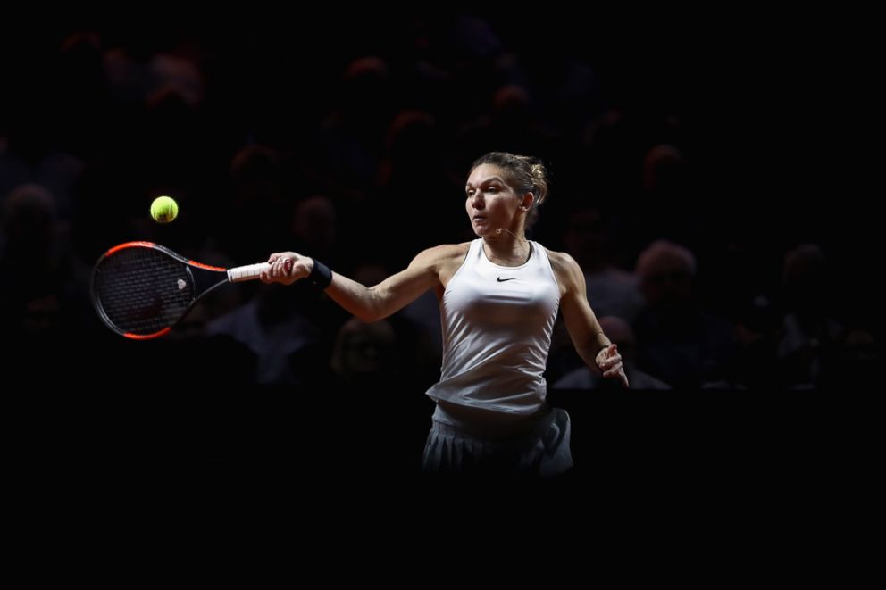 PHOTO: Simona Halep of Romania plays a forehand during day 5 of the Porsche Tennis Grand Prix at Porsche-Arena, April 27, 2018 in Stuttgart, Germany. 