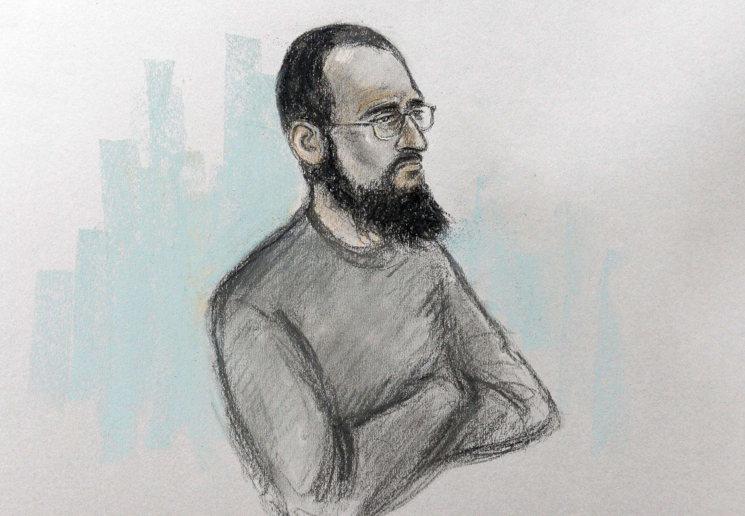 PHOTO: Court artist sketch by Elizabeth Cook of Husnain Rashid in the dock at Westminster Magistrates' Court in London, Dec. 6, 2017.