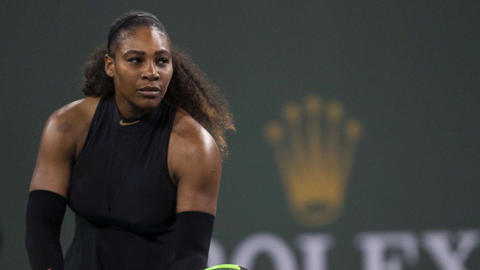 PHOTO: Serena Williams prepares to serve to Zarina Diyas, of Kazakhstan, during the first round of the BNP Paribas Open tennis tournament in Indian Wells, Calif., March 8, 2018.