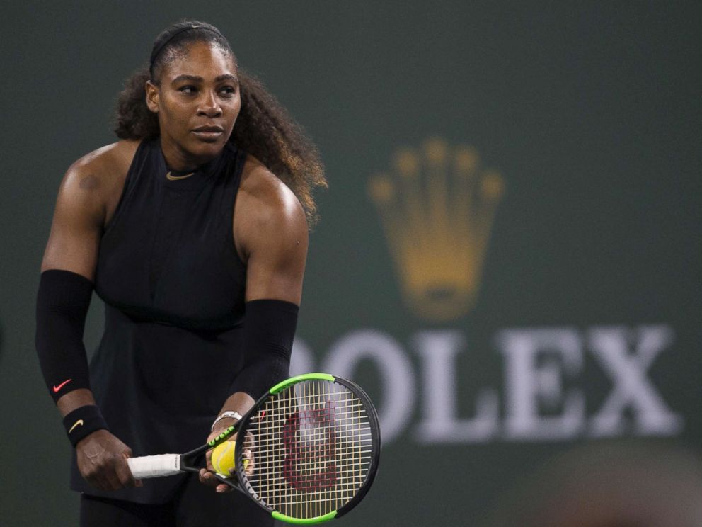 PHOTO: Serena Williams prepares to serve to Zarina Diyas, of Kazakhstan, during the first round of the BNP Paribas Open tennis tournament in Indian Wells, Calif., March 8, 2018.