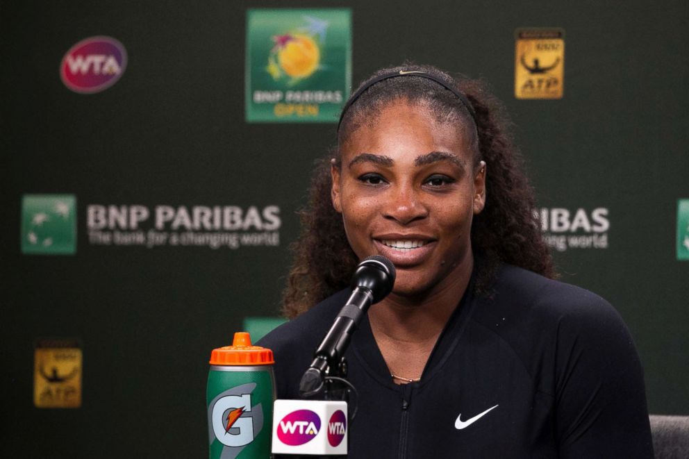 PHOTO: Serena Williams talks to media after defeating Zarina Diyas of Kazakhstan during the first round of the BNP Paribas Open tennis tournament at the Indian Wells Tennis Garden in Indian Wells, Calif., March 8, 2018.