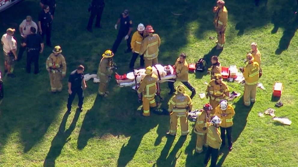 PHOTO: Firefighters and rescue crews removes the pilot after a  single-engine plane crashed at the Penmar Golf Course near Santa Monica Municipal Airport, March 5, 2015.