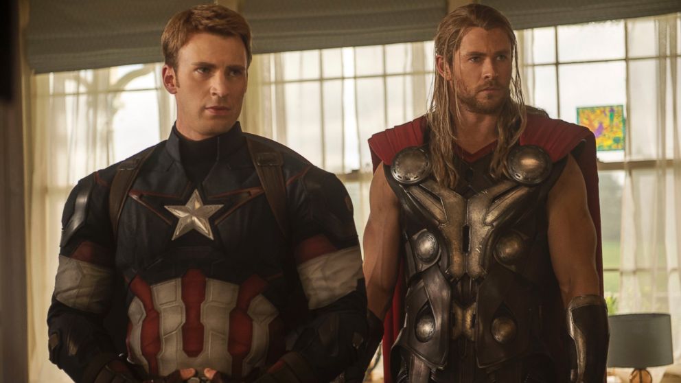 Chris Evans appears here as Captain America along side Chris Hemsworth in the upcoming Avengers: Age of Ultron.