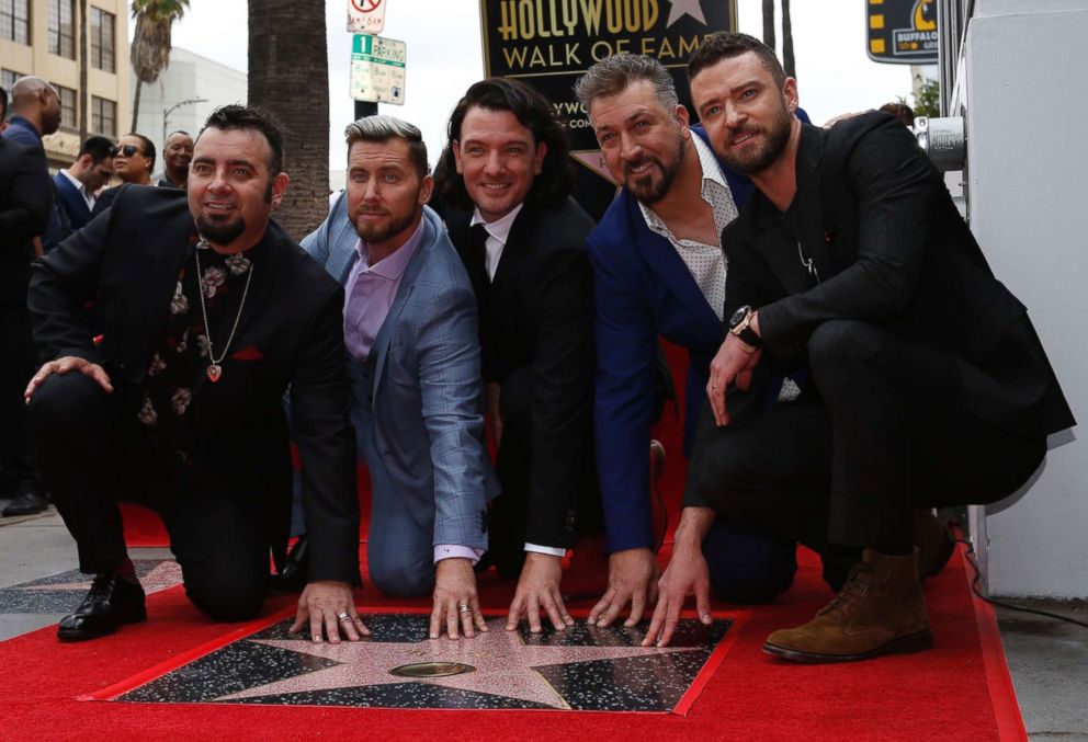 PHOTO: American boy band NSYNC pose during the unveiling ceremony of their star on the Hollywood Walk of Fame in Los Angeles, April 30, 2018.
