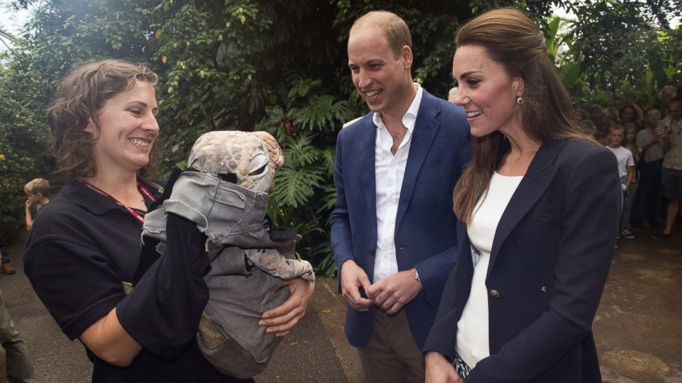 Catherine Duchess of Cambridge and Prince William at the Eden Project, looking at a Muttaburrasaurus dinosaur puppet, on Sept. 2, 2016, in Cornwall, United Kingdom. 