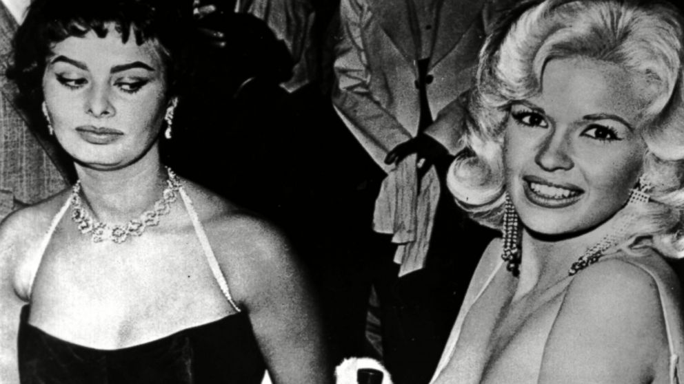 Sophia Loren eyes Jayne Mansfield 57 years ago at a Paramount party.

