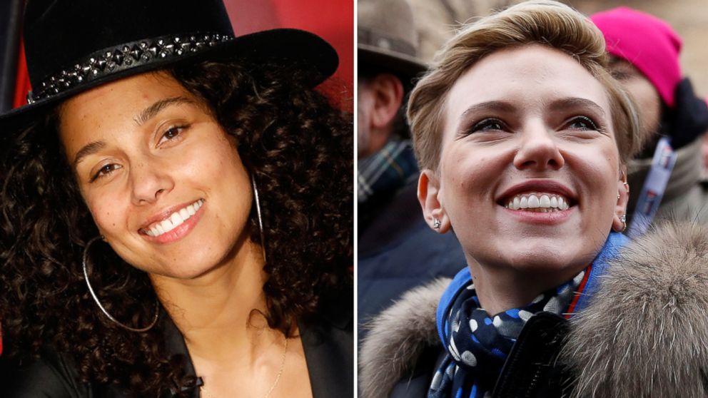 (L-R) Alicia Keys is pictured from 'The Voice,' Nov. 21, 2016 and Scarlett Johansson is pictured at the Women's March in Washington, Jan. 21, 2017.