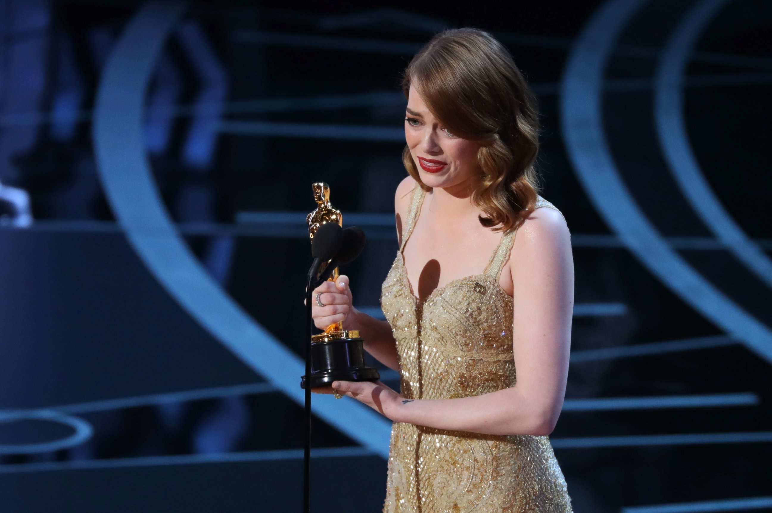 PHOTO: Best Actress winner Emma Stone accepts her award for her performance in "La La Land," at the 89th Academy Awards, Feb. 26, 2017.